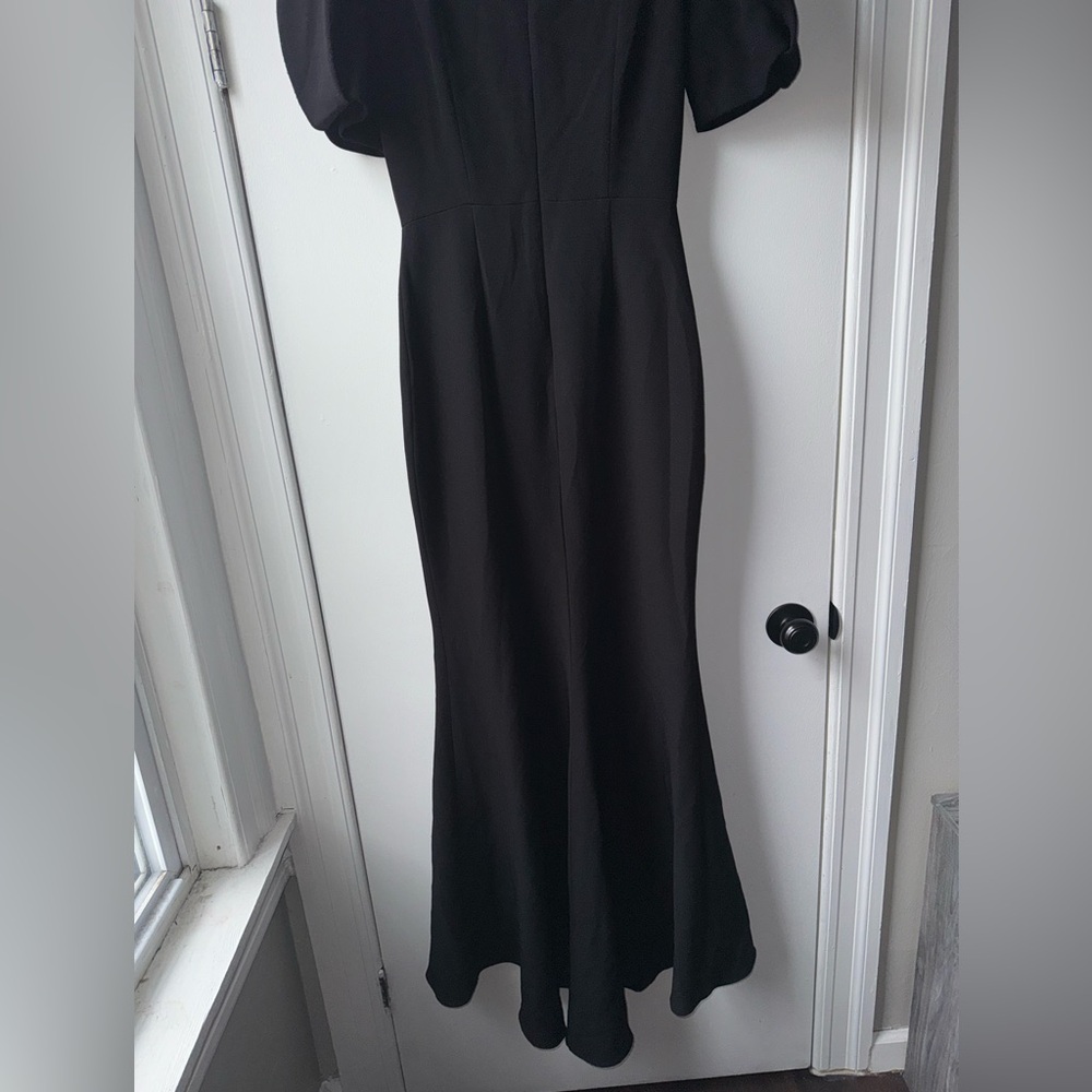 Badgley Mischka Gathered Crepe Black V-Neck Maxi Gown Statement Puff Sleeves - Picture 11 of 16